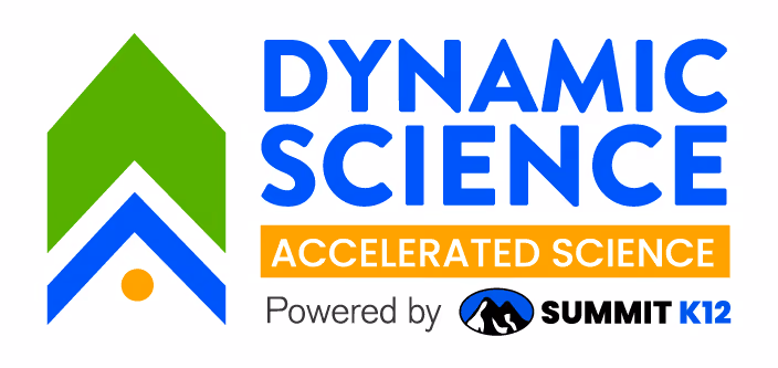 Dynamic Science Accelerated Science logo with green and blue arrow shapes and Summit K12 branding.