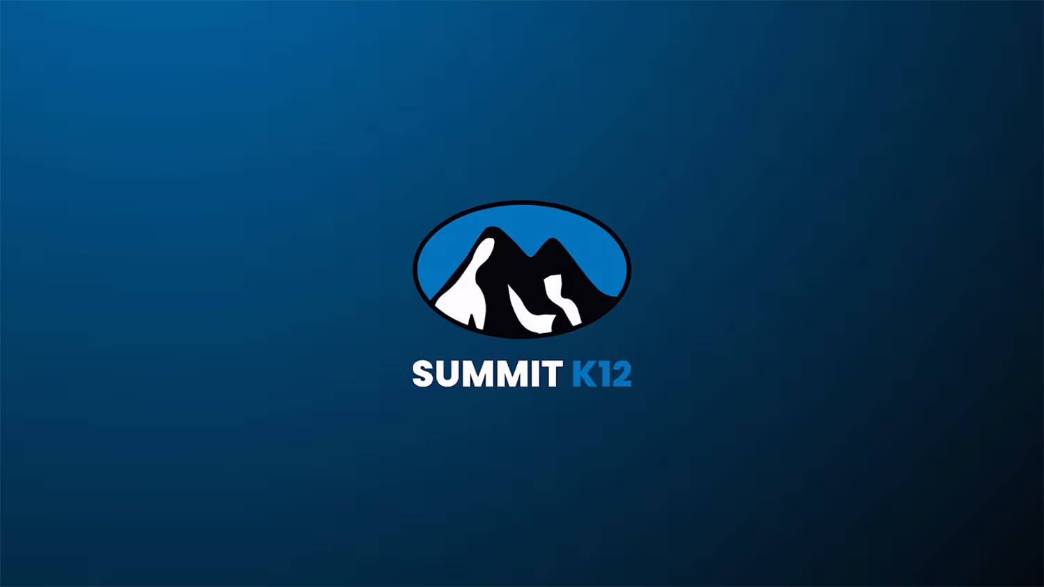 Summit K12 logo with black and white mountain peaks inside a blue oval on a dark blue background.