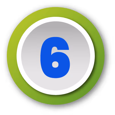 Blue number 6 in a white circle with a purple border and black shadow background.