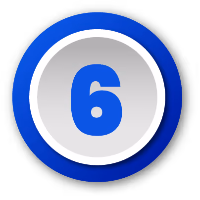 Blue number 6 in a white circle with a purple border and black shadow background.