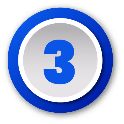 Blue number three inside a white and gray circular button with a blue outer ring.