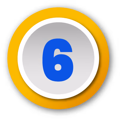 Blue number 6 in a white circle with a purple border and black shadow background.