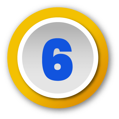 Blue number 6 in a white circle with a purple border and black shadow background.