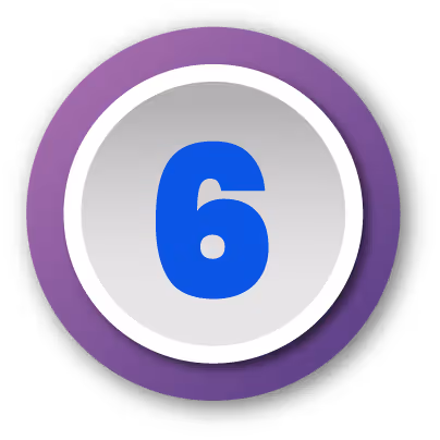 Blue number 6 in a white circle with a purple border and black shadow background.