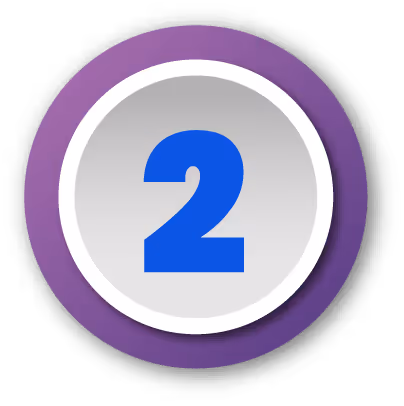 A blue number 2 in the center of a silver circle with a purple outer ring.