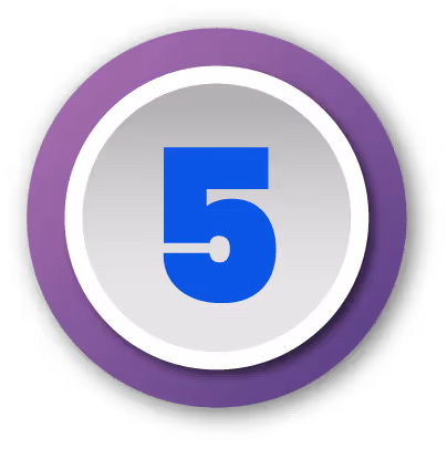 Blue number five inside a white circle with a purple outer ring on black background.