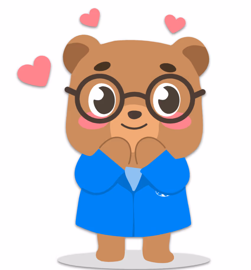Cute bear with glasses and blue coat blushing, hearts floating around its head.