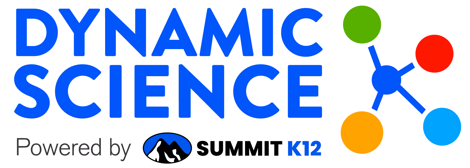 Dynamic Science logo with a colorful molecular structure and Summit K12 powered by text and emblem.