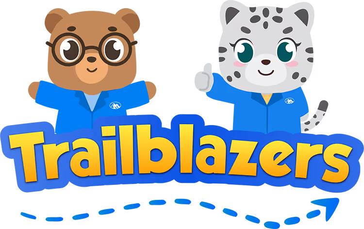 Cartoon bear with glasses and cartoon snow leopard, both in blue shirts, above the word Trailblazers.