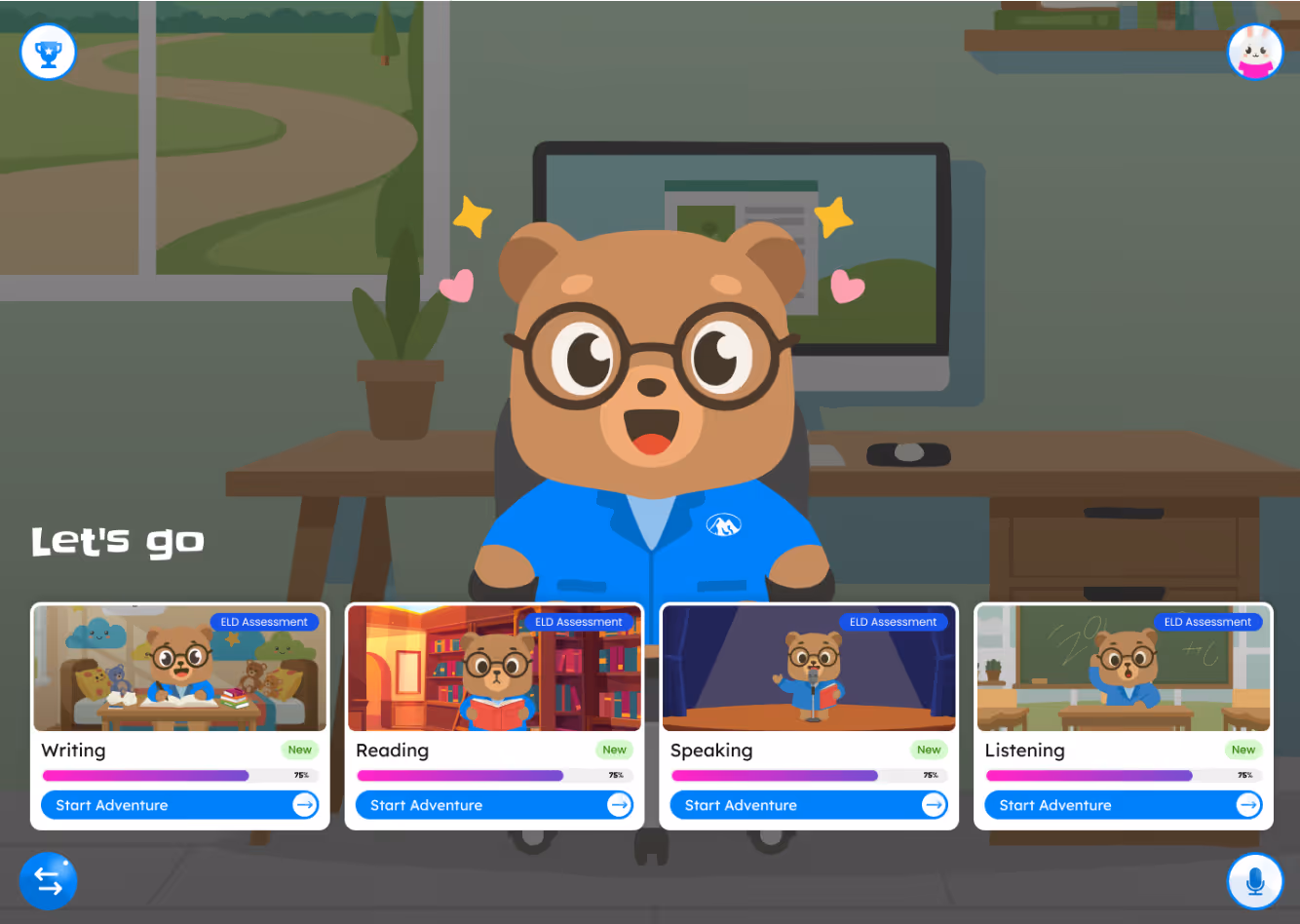 Cartoon bear teacher in blue jacket with glasses offering writing, reading, speaking, and listening adventures.