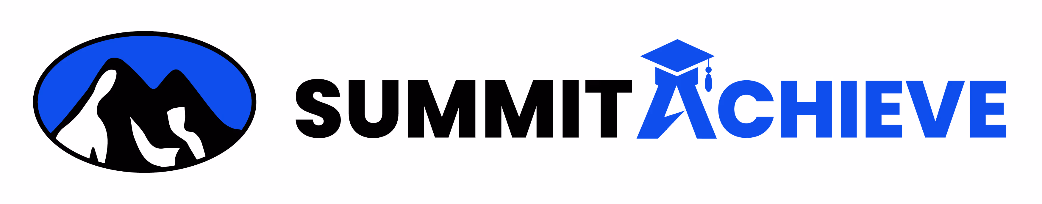Logo with a blue and black mountain icon and text 'SUMMIT ACHIEVE' with a graduation cap on the A.