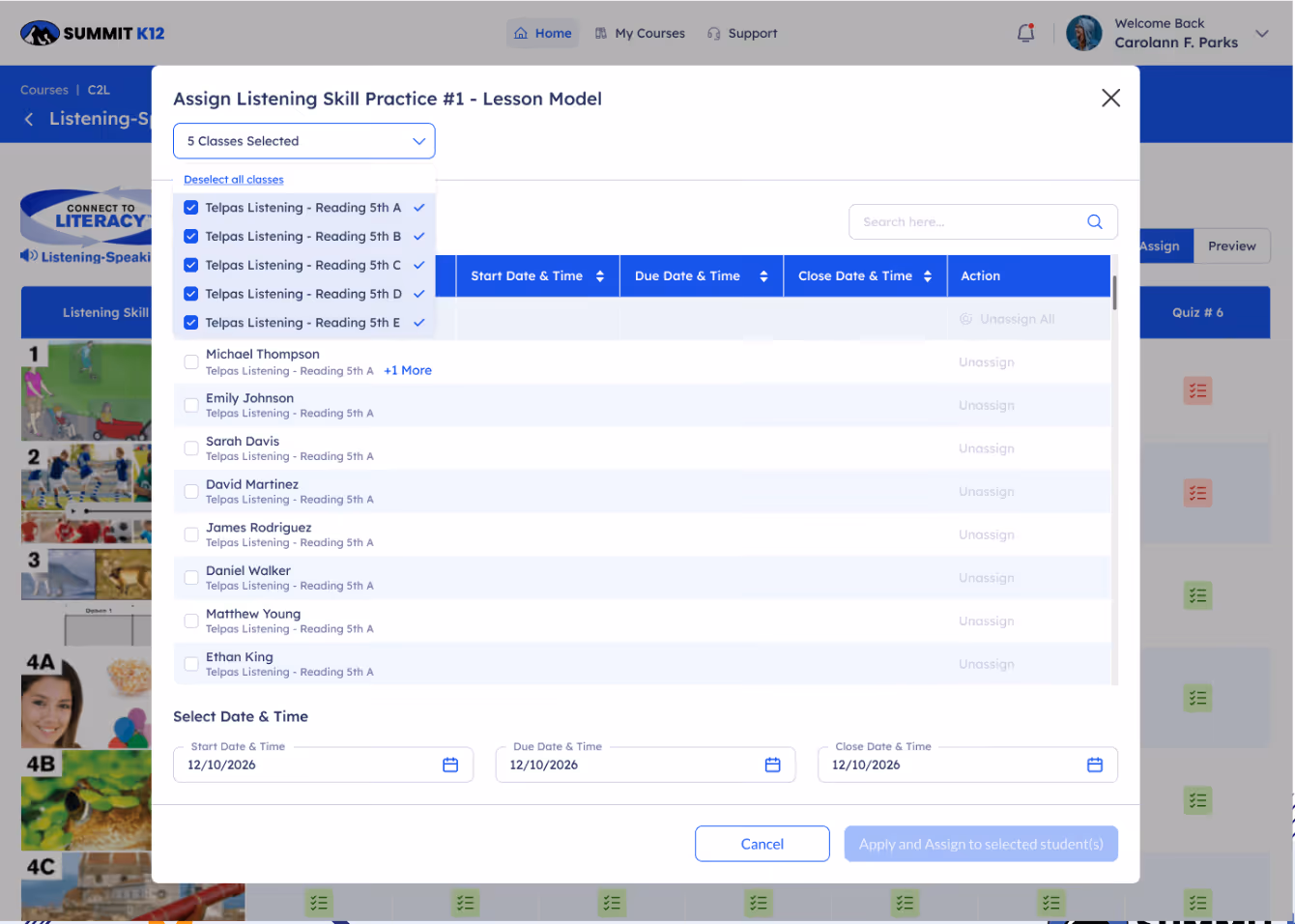 Interface showing assigning listening skill practice with class and student selections, and date pickers for due dates.