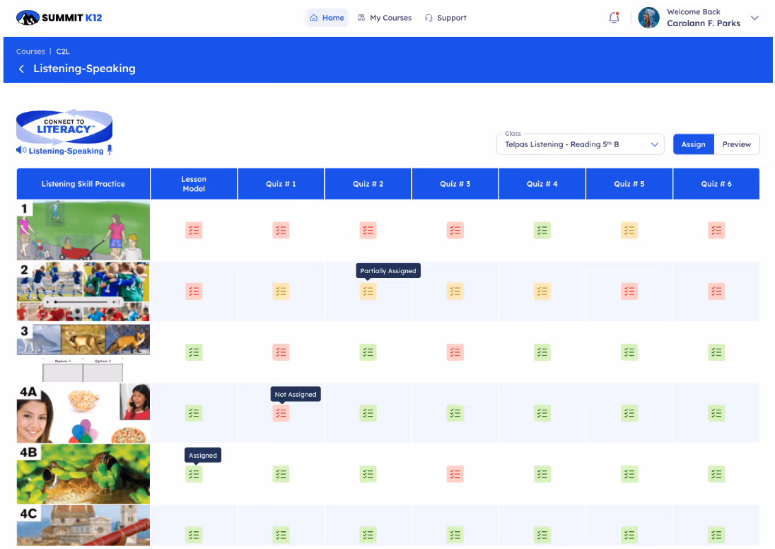 Summit K12 Listening-Speaking course dashboard showing quizzes and assignment status for various lessons.