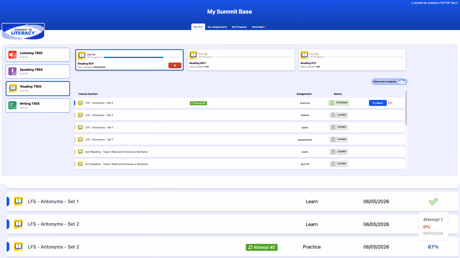 My Summit Base interface showing Reading TREK courses with various LFS and ELD assignments and progress statuses.