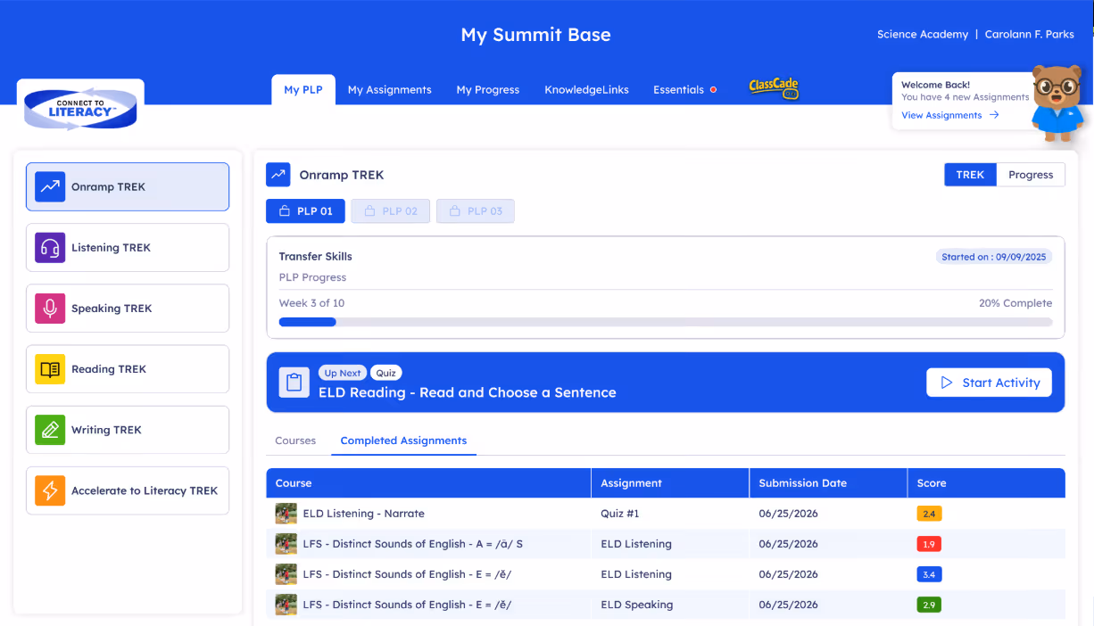 Student dashboard showing Onramp TREK progress, assignments score, and upcoming ELD Reading quiz activity.