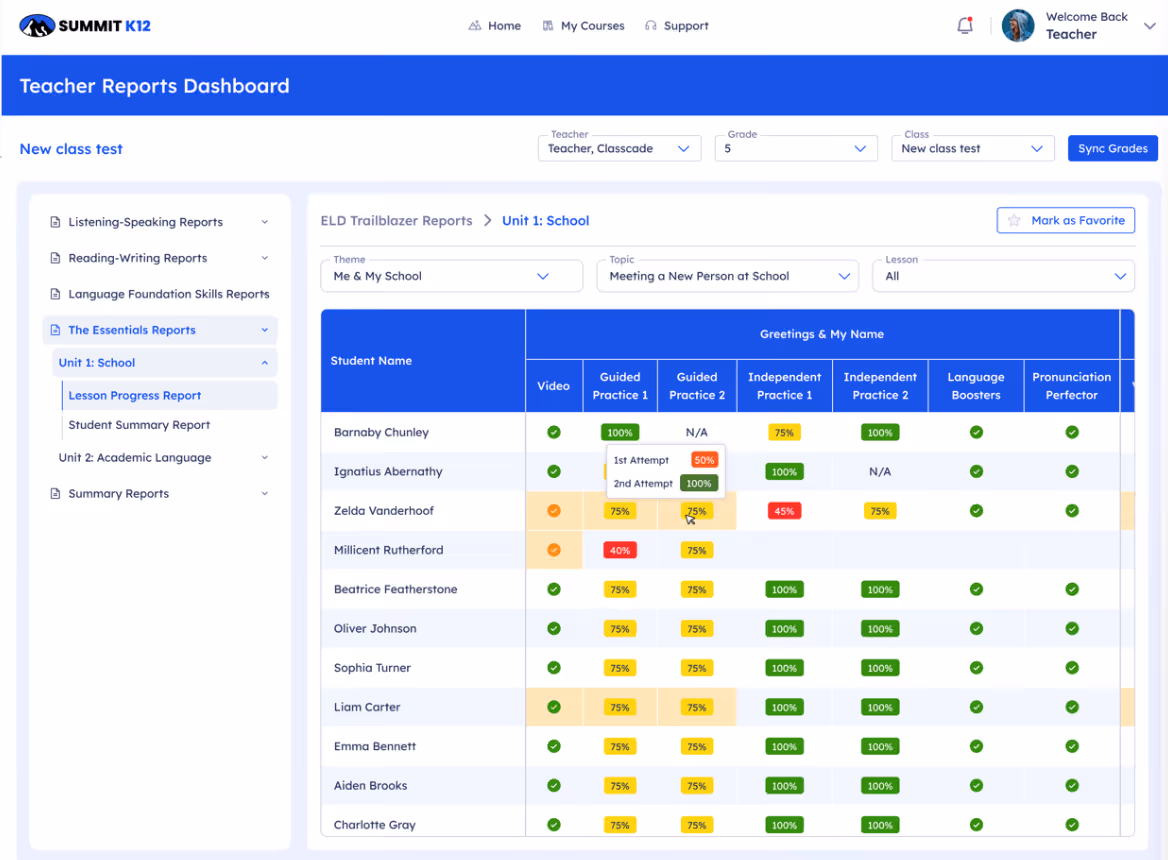 Teacher reports dashboard showing students' progress and scores in various guided and independent practice categories.