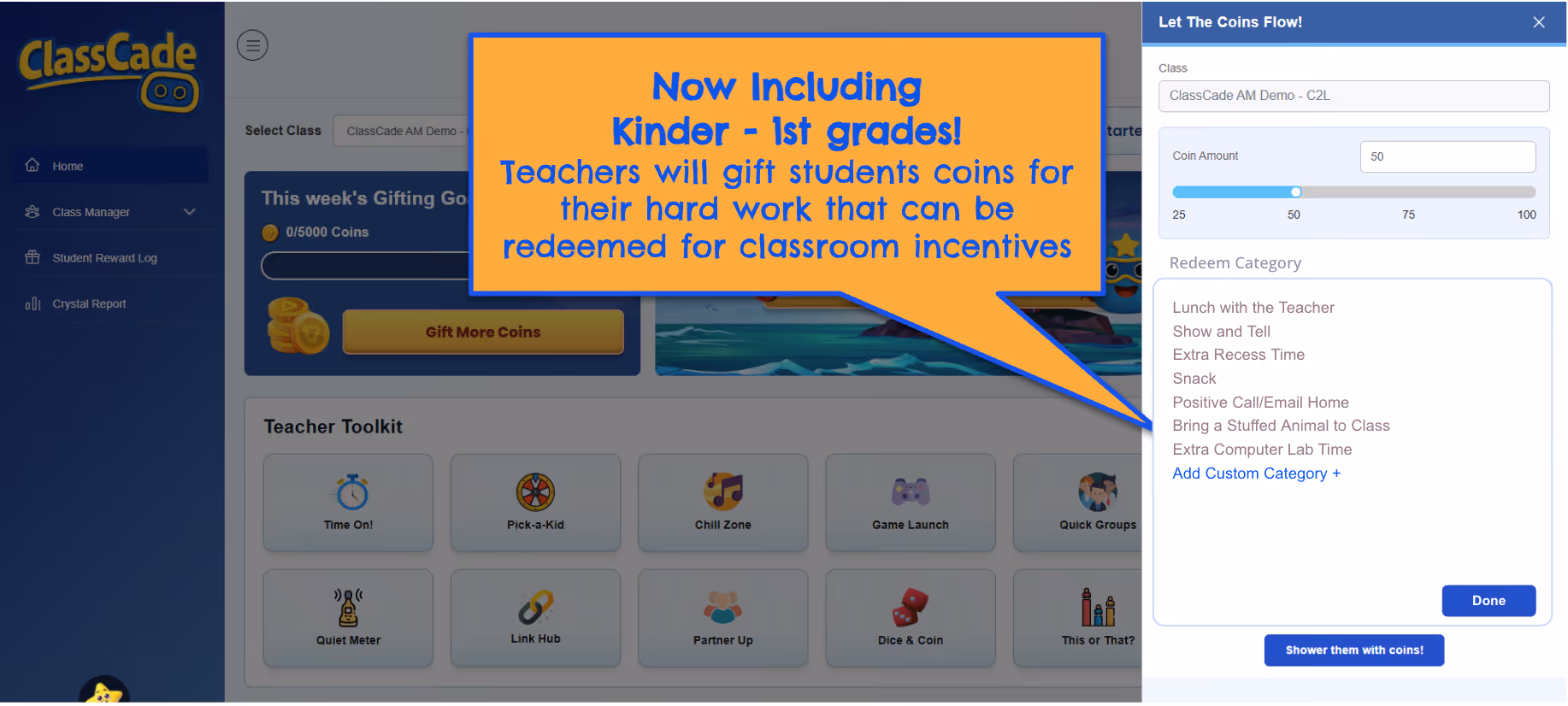 ClassCade dashboard with new redeem rewards for secondary student incentives and coin gifting options.