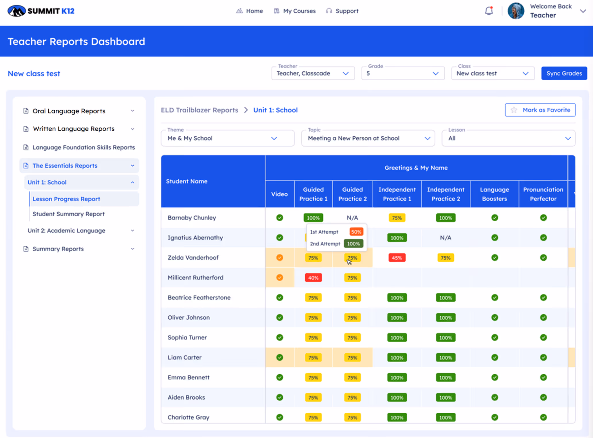 My Summit Base interface showing Reading TREK courses with various LFS and ELD assignments and progress statuses.