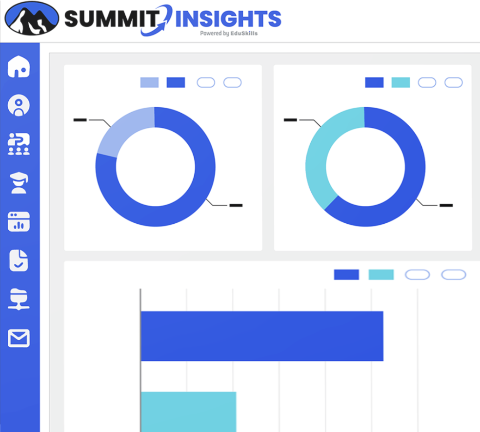 Summit K12 logo with black and white mountain peaks inside a blue oval on a dark blue background.