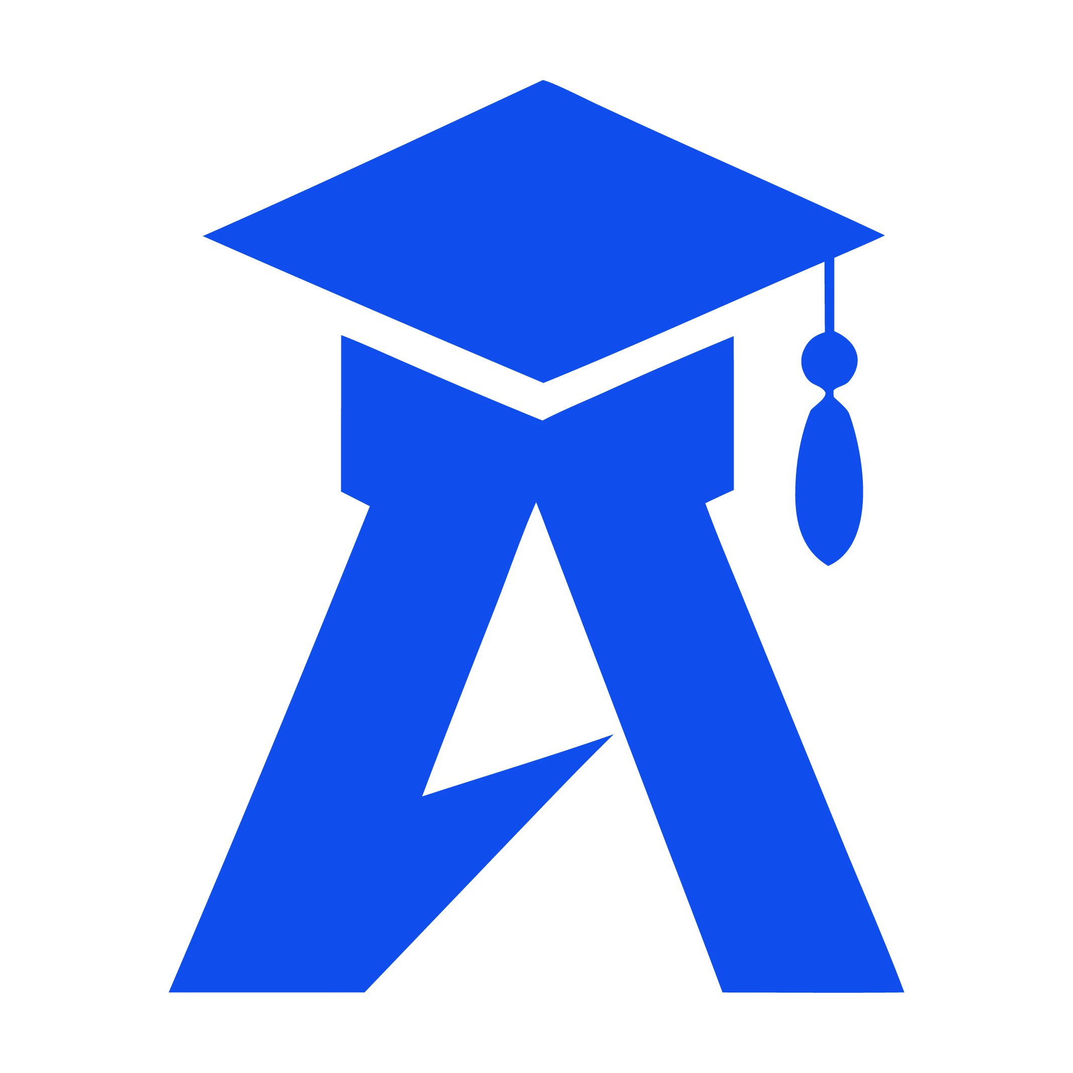Blue letter A wearing a graduation cap with tassel on black background.