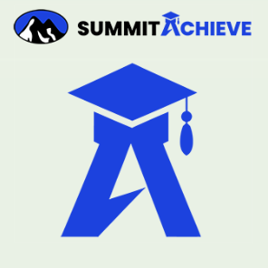 Logo with a blue and black mountain icon and text 'SUMMIT ACHIEVE' with a graduation cap on the A.