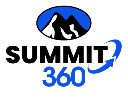 Logo with black mountain peaks inside blue oval and text 'SUMMIT 360' with blue circular arrow.