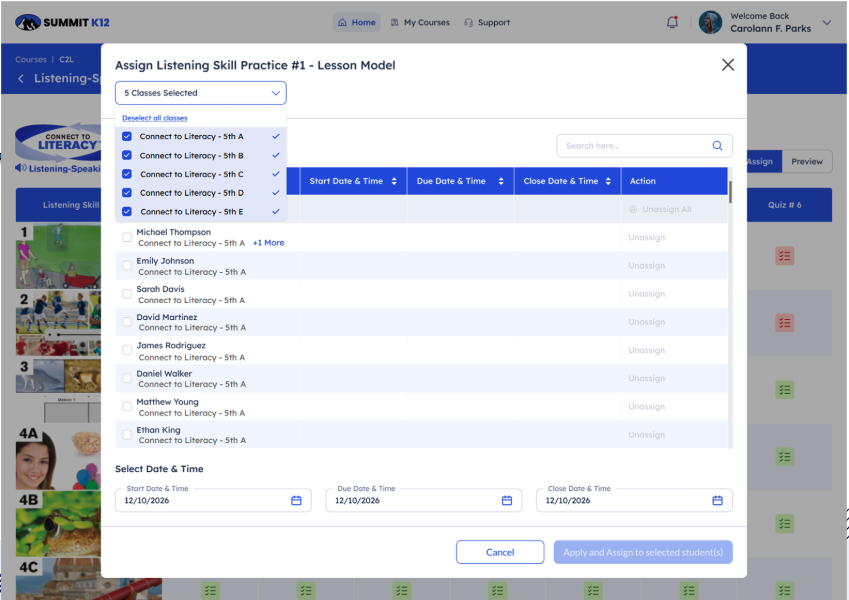 Dashboard showing reading progress and assignments for LFS antonyms with attempt status and scores.