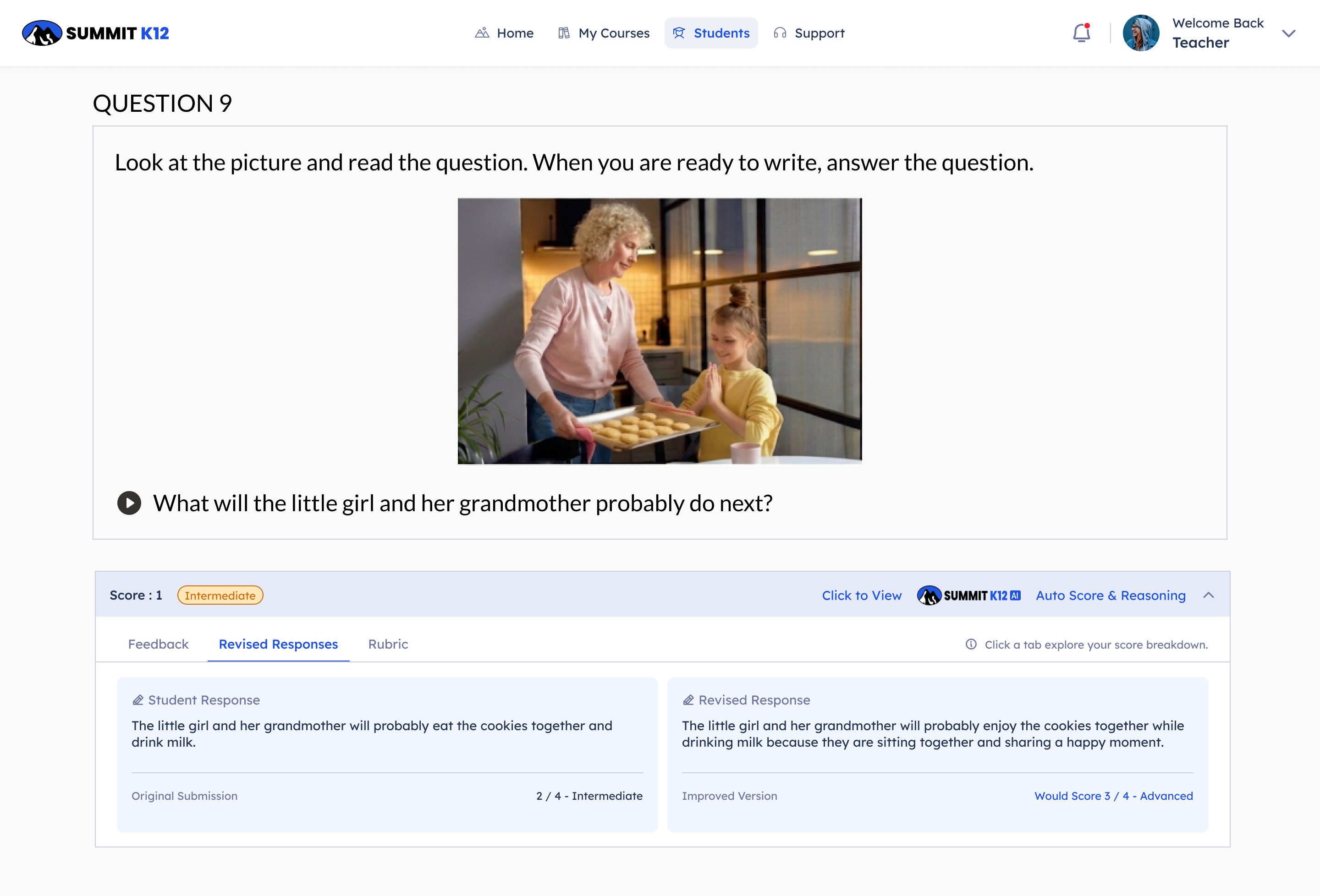 Grandmother holding a tray of cookies while a girl smiles with hands clasped in a kitchen.