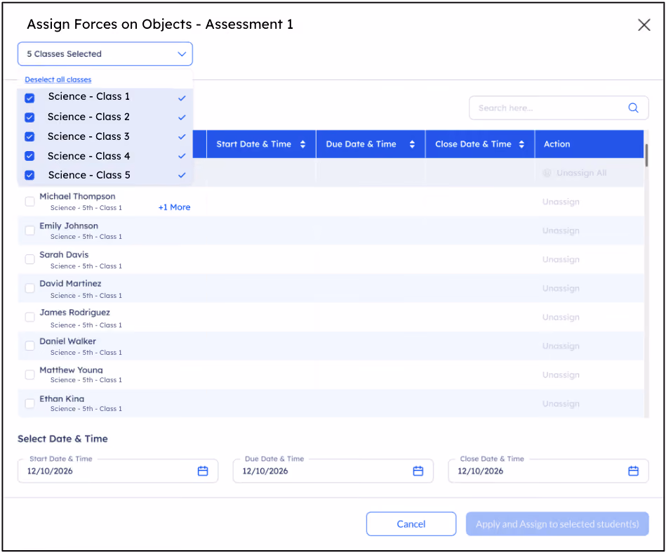 Dashboard interface showing Listening TREK courses, progress, scores, and assignment status with start activity button.