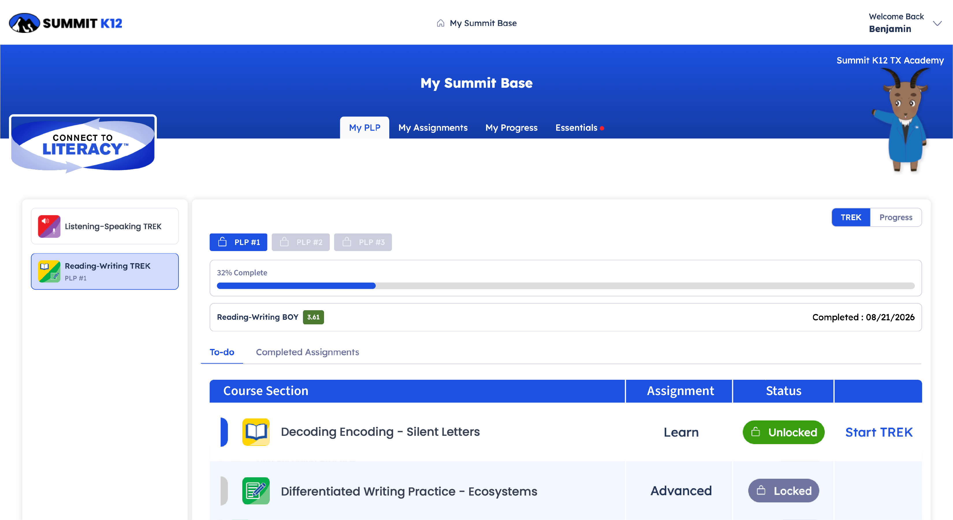 Dashboard showing Listening-Speaking TREK progress at 80% with one unlocked and five locked ELD assignments.