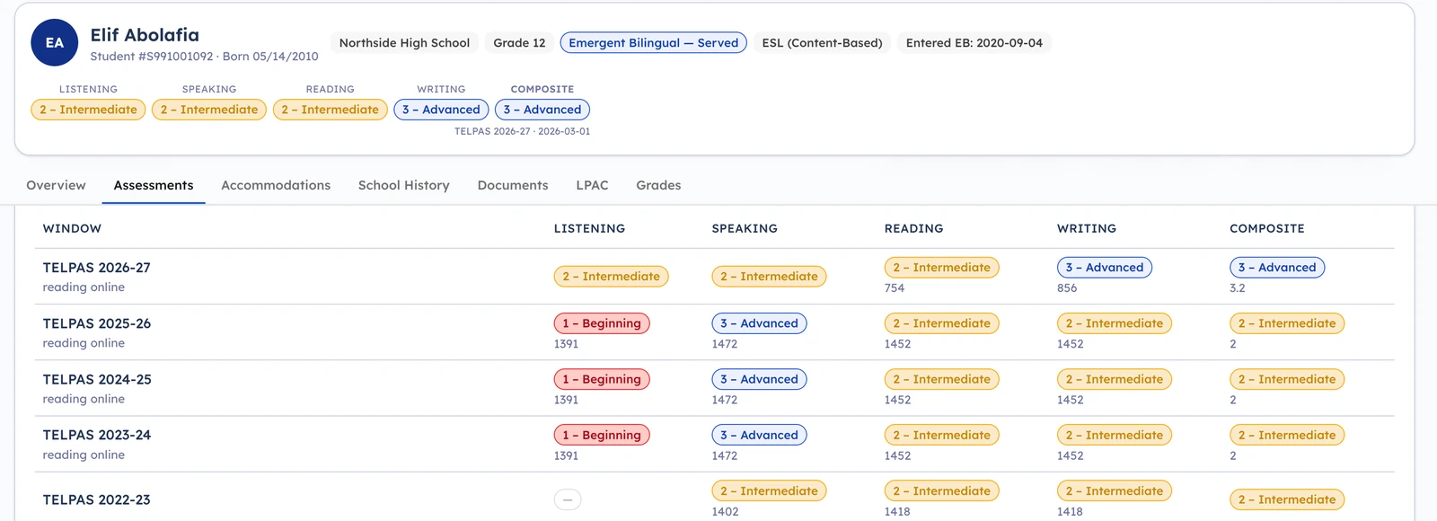 Student profile showing TELPAS domain ratings by year for listening, speaking, reading and writing