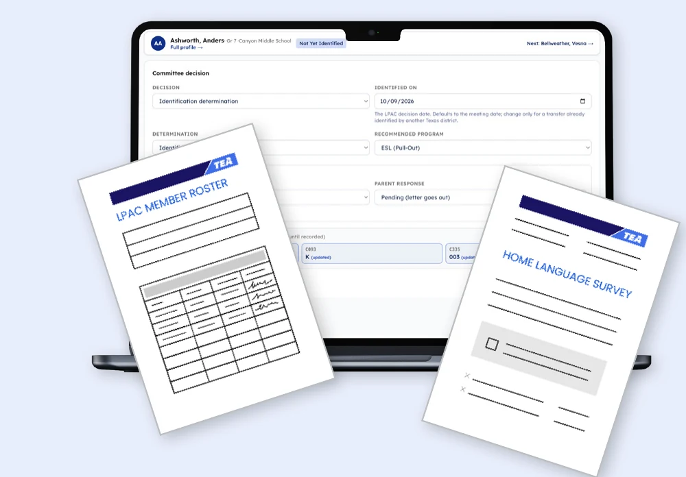 Summit Insights identification screen on a laptop with LPAC member roster and Home Language Survey forms