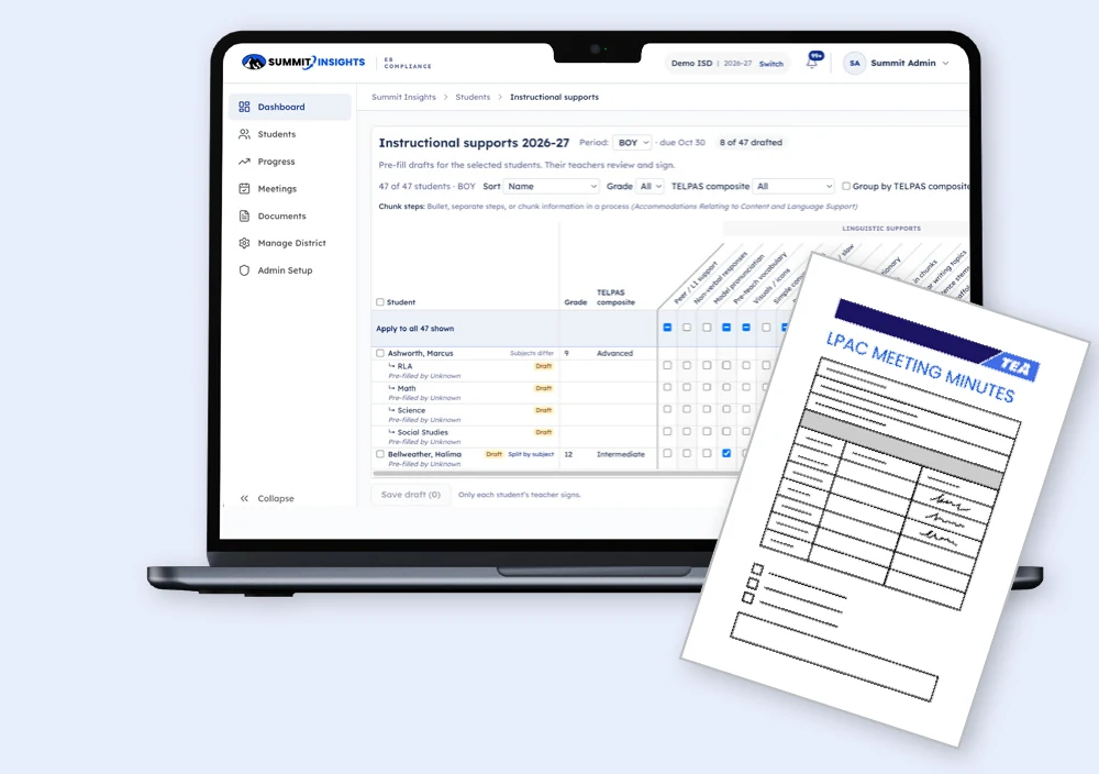 Summit Insights instructional supports screen on a laptop with LPAC meeting minutes form