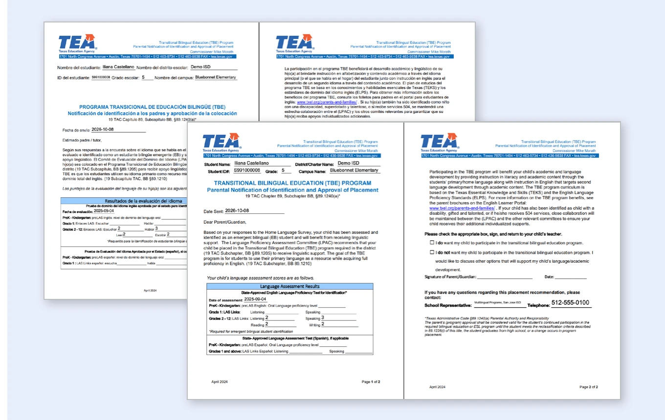TEA parental notification of identification and placement letters in English and Spanish