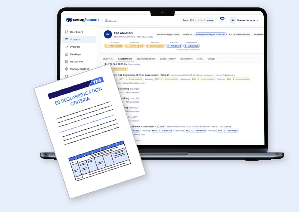 Summit Insights student assessment record on a laptop with EB reclassification criteria form