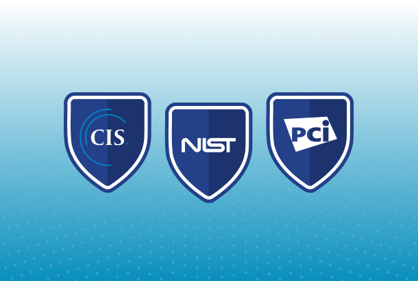 Three blue shield icons with cybersecurity organization logos: CIS, NIST, and PCI on a blue dotted background.