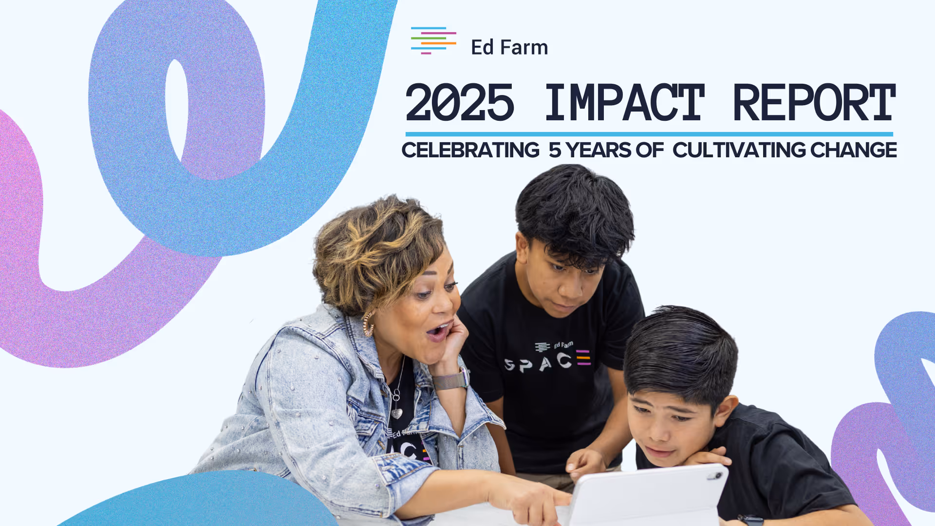 A person with short, curly brown hair and a jean jacket sits with a male student to their right and a younger male student in front. They are all looking down at a tablet. The person with brown hair has an expression of surprise. The background is light blue with a large, wavy blue and purple line on the left. At the top right, the text "Ed Farm 2025 IMPACT REPORT" is displayed, followed by "CELEBRATING 5 YEARS OF CULTIVATING CHANGE."