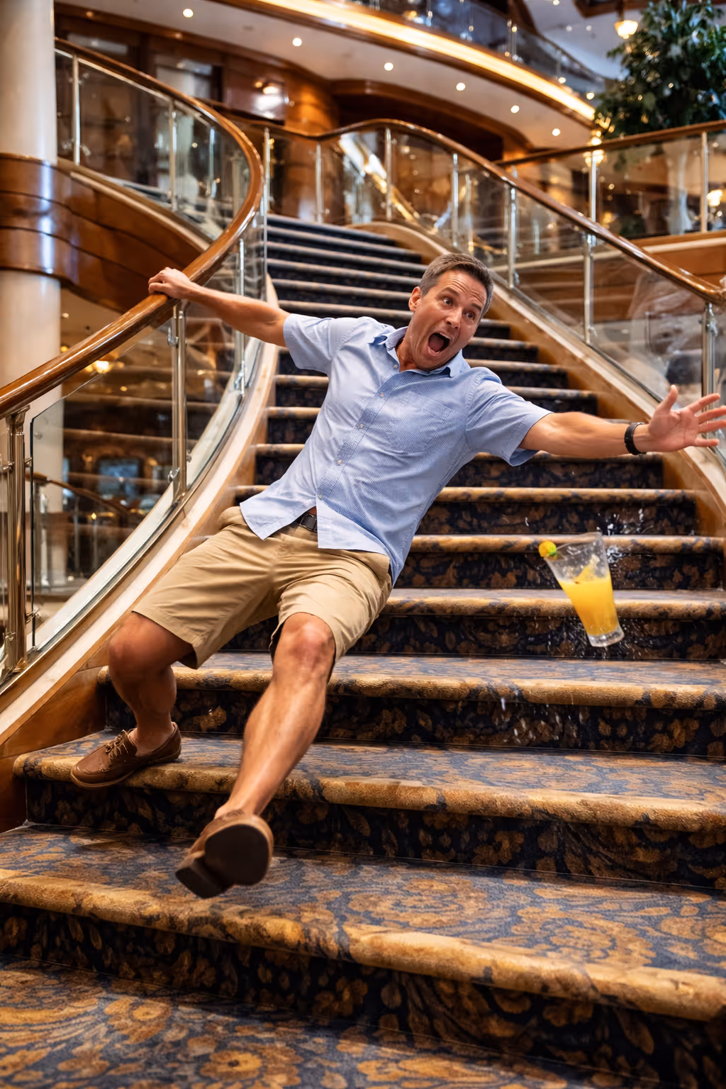 Passenger slipping and falling on a cruise ship stairway inside a large cruise ship atrium