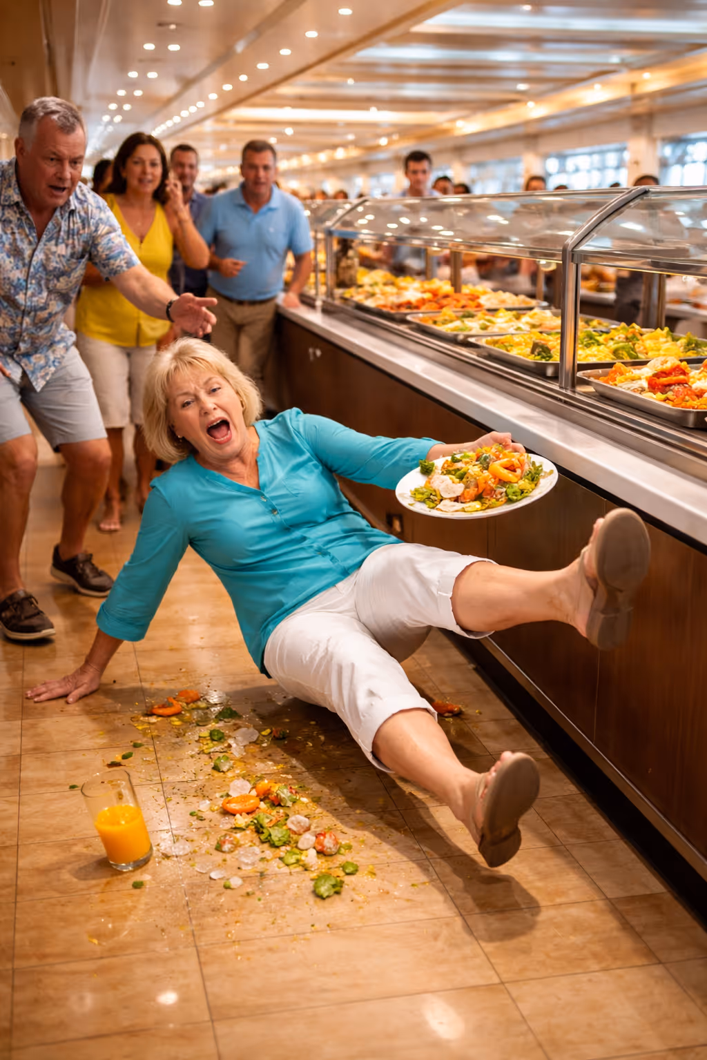 Passenger slipping and falling near a cruise ship buffet after food and drink spill on the floor