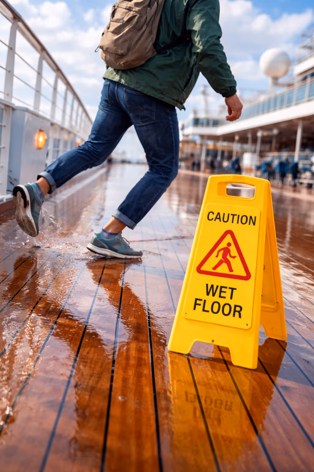 Passenger walking on a wet cruise ship deck surface creating a slip hazard