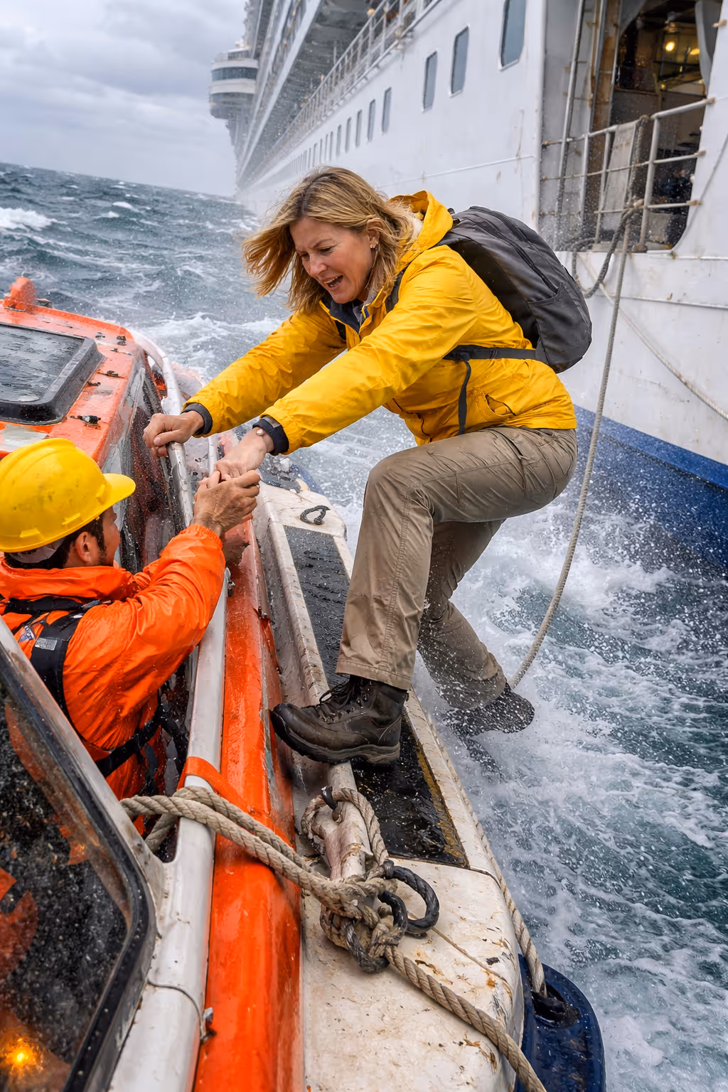 Cruise passengers boarding tender boat with injury risk conditions