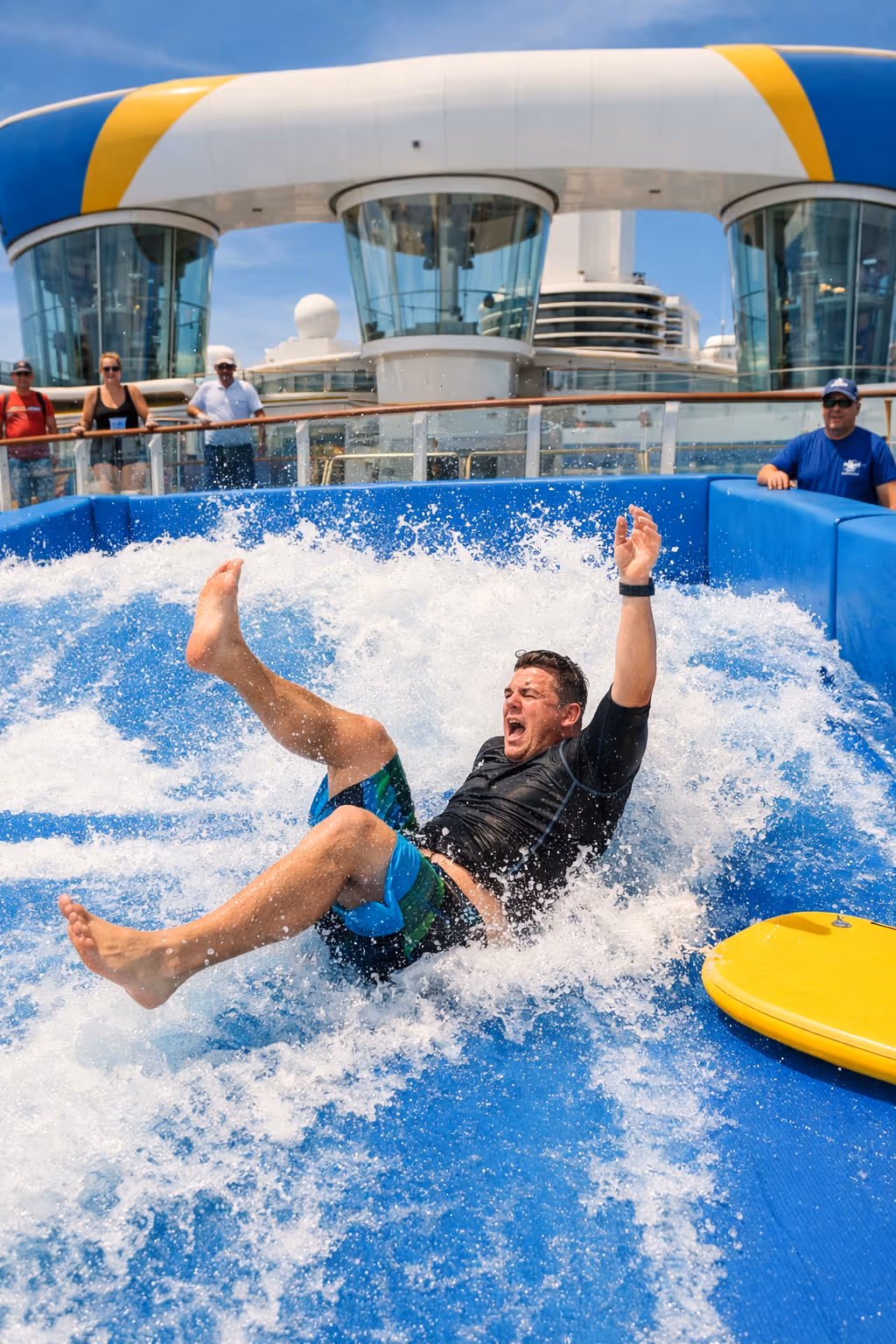 Passenger falling on FlowRider surf simulator on cruise ship
