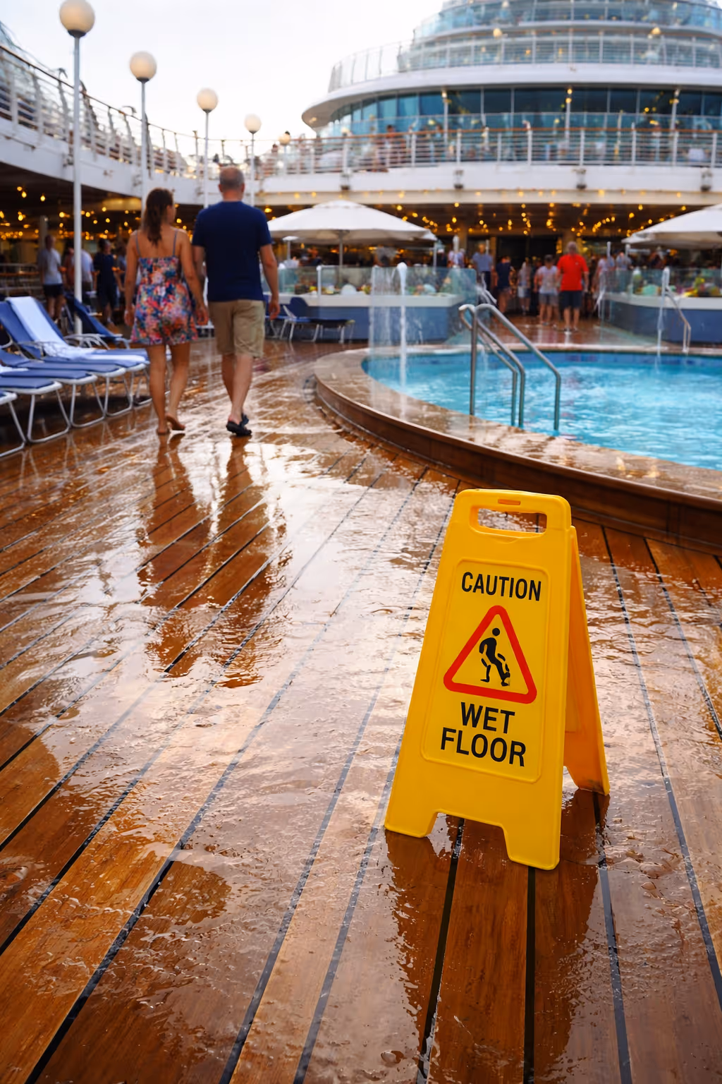 Wet cruise ship pool deck creating slip and fall hazard for passengers