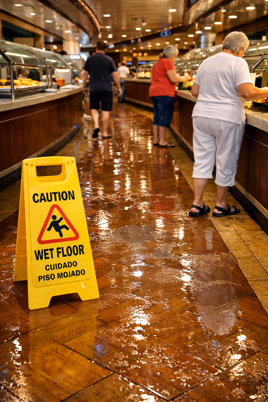 Wet floor in cruise ship buffet area creating slip and fall risk for passengers