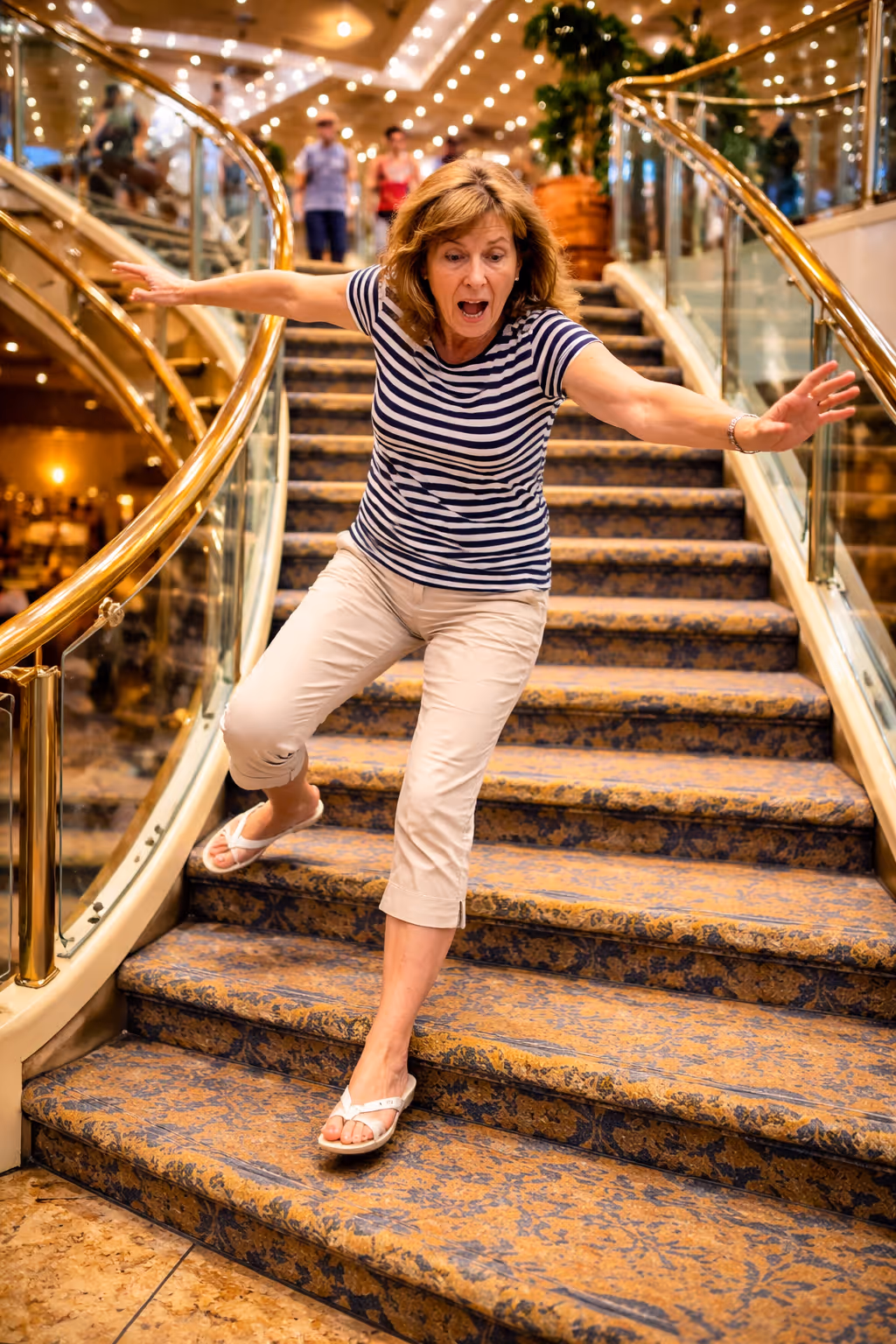 Cruise ship stairway creating fall risk for passengers due to movement and conditions