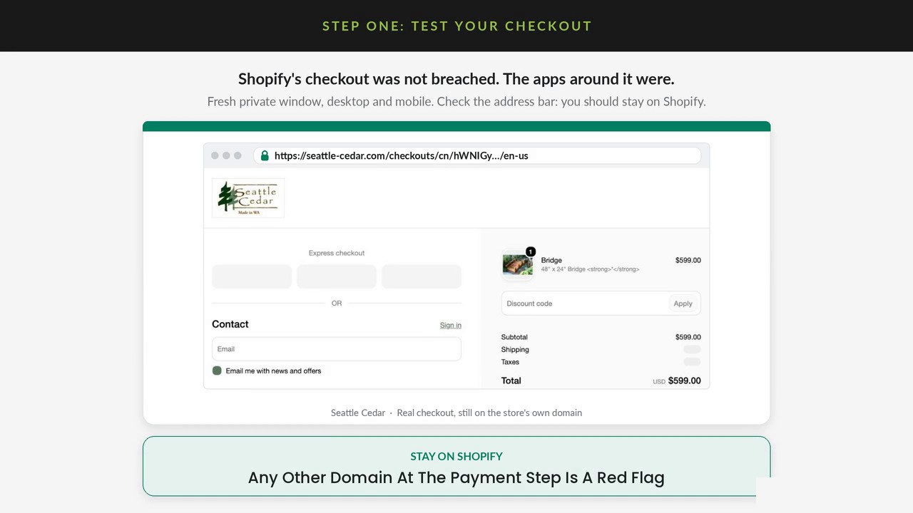 Frame from the Ambaum video: Step One test your checkout, with an example Shopify checkout URL still on the store domain and a stay on Shopify reminder