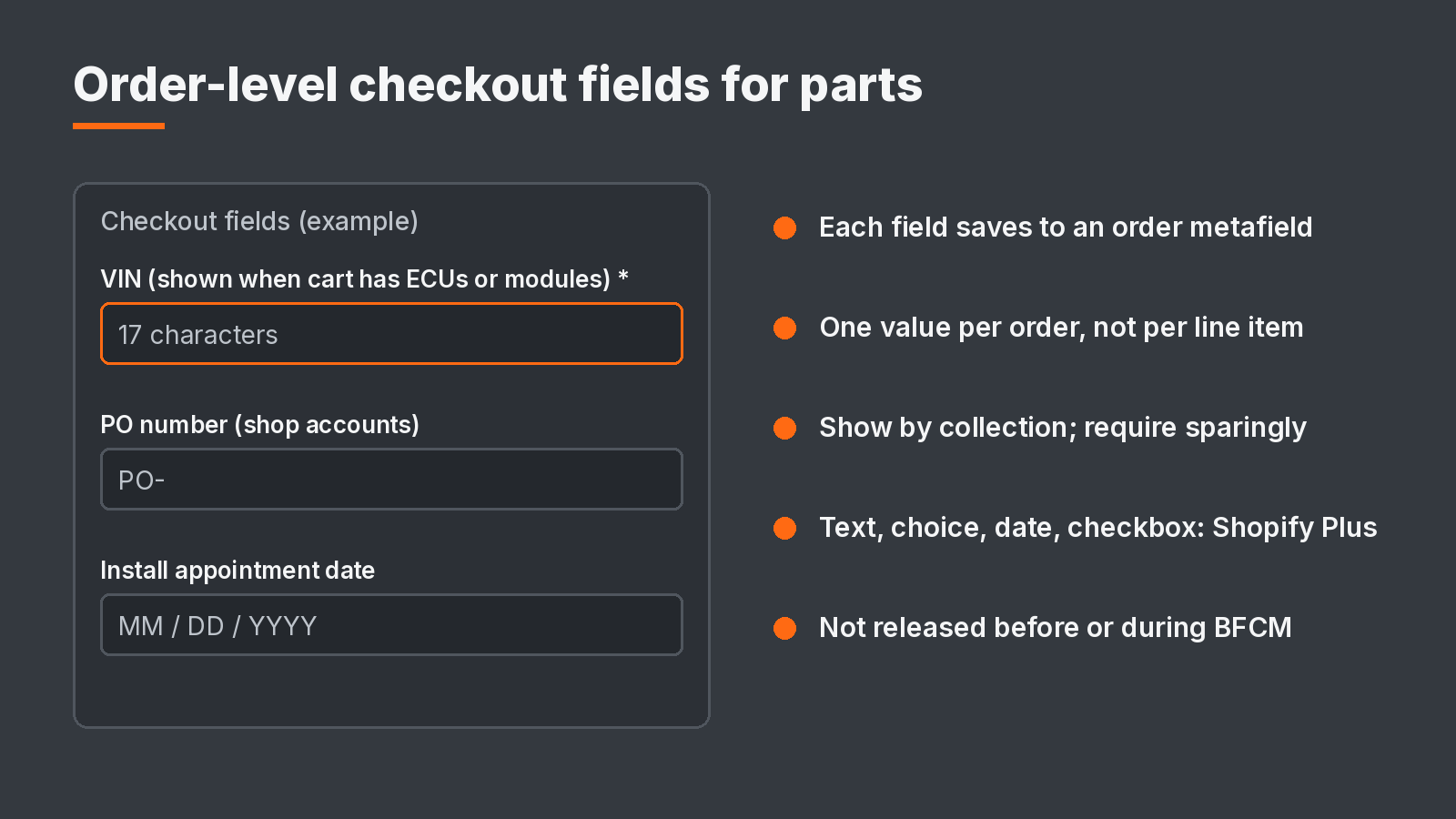 Example checkout fields drawn by Ambaum, not a Shopify screenshot, showing VIN, PO number, and install date fields beside notes that fields save to order metafields and are Plus-only beyond delivery and gift fields