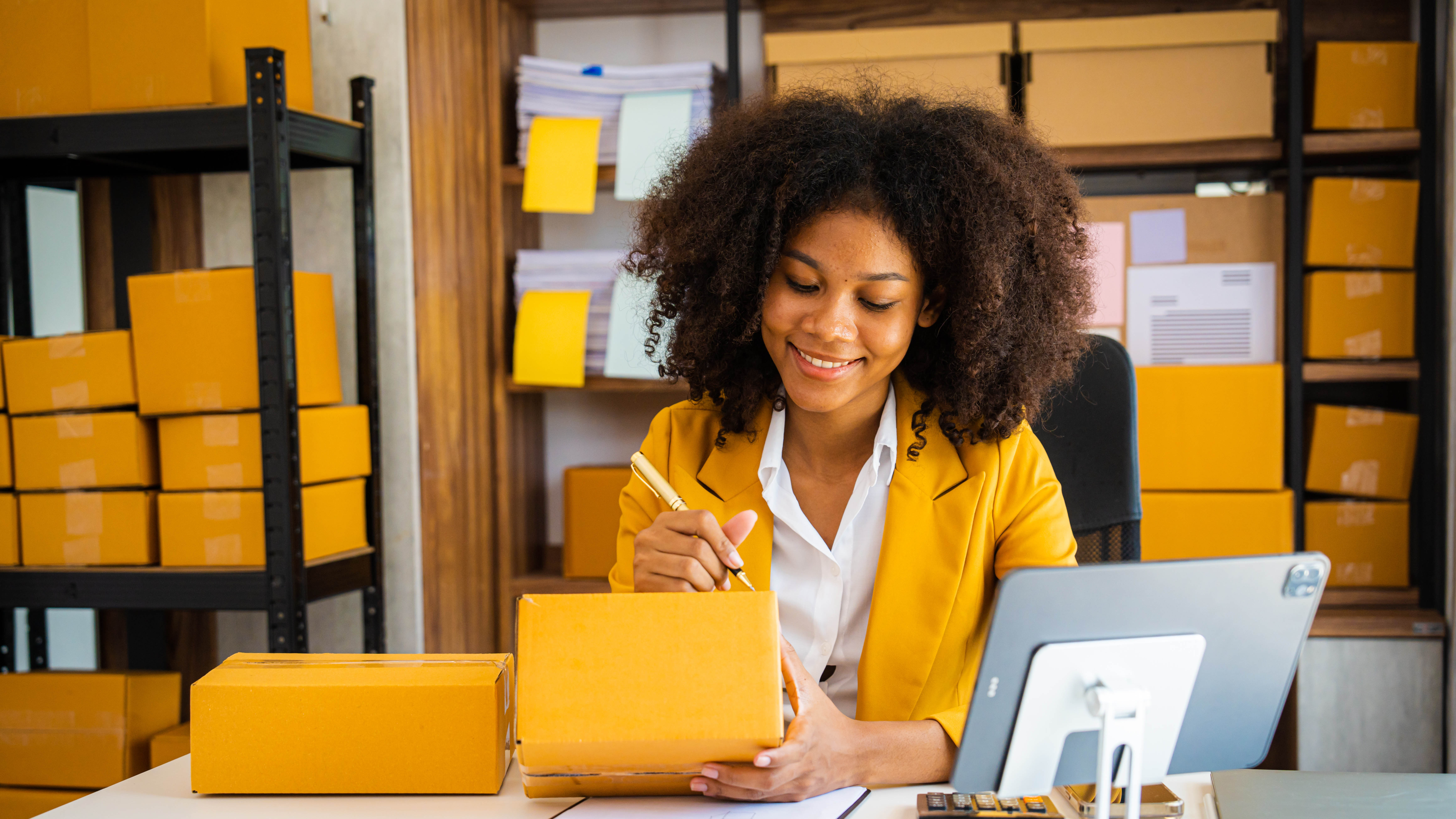 Ecommerce merchant preparing a shipping box at a warehouse desk, illustrating Shopify's May 2026 updates for Plus merchants