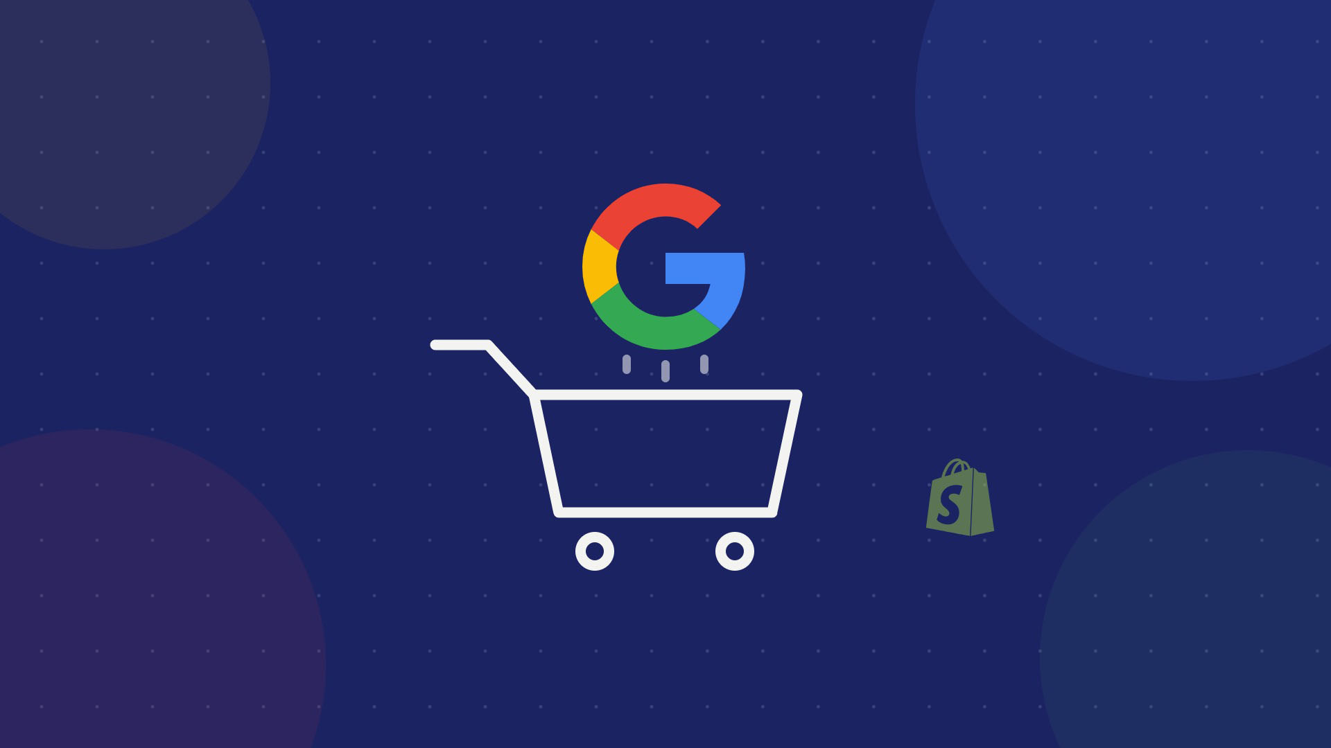 Google G logo dropping into a shopping cart with a subtle Shopify bag, representing Google Universal Cart agentic checkout for Shopify merchants