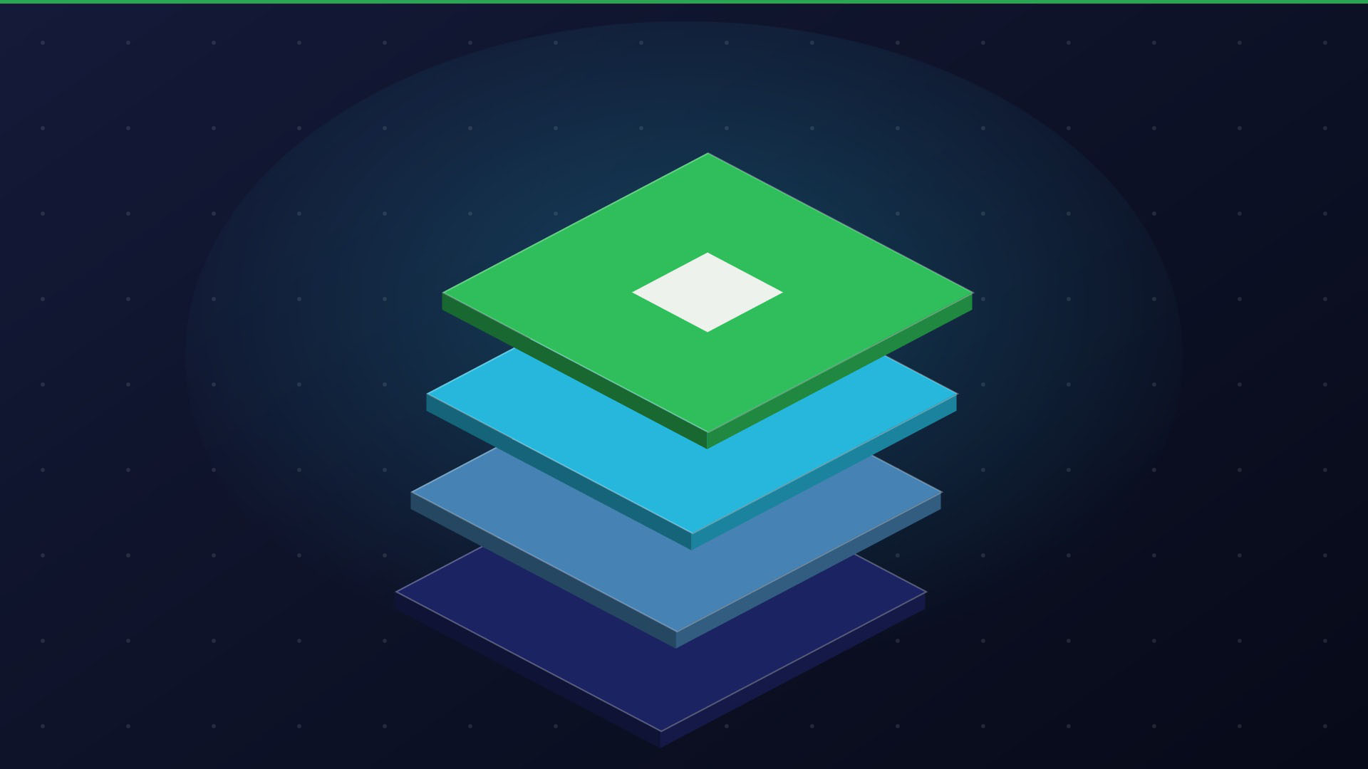 Stacked isometric layers in indigo, blue, cyan and green representing a Shopify collection built from multiple sources